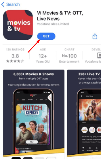 Tap the GET button to install the Vi Movies & TV app