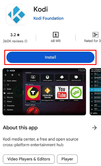 Tap Install to get Kodi on Android
