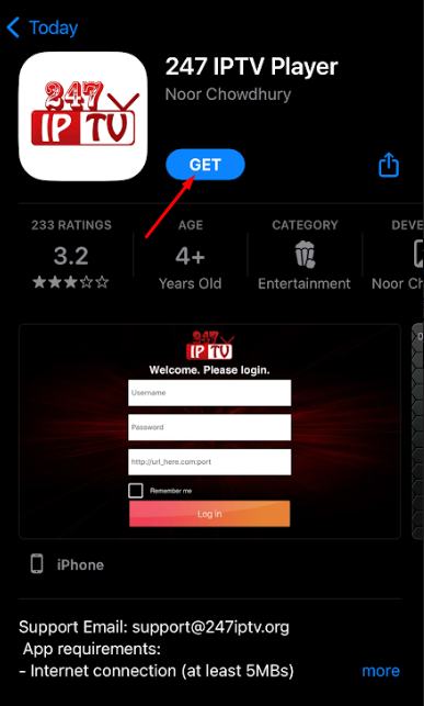 Tap the GET button to install 247 IPTV Player