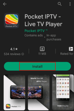 Tap Install to get Pocket IPTV Player on Android