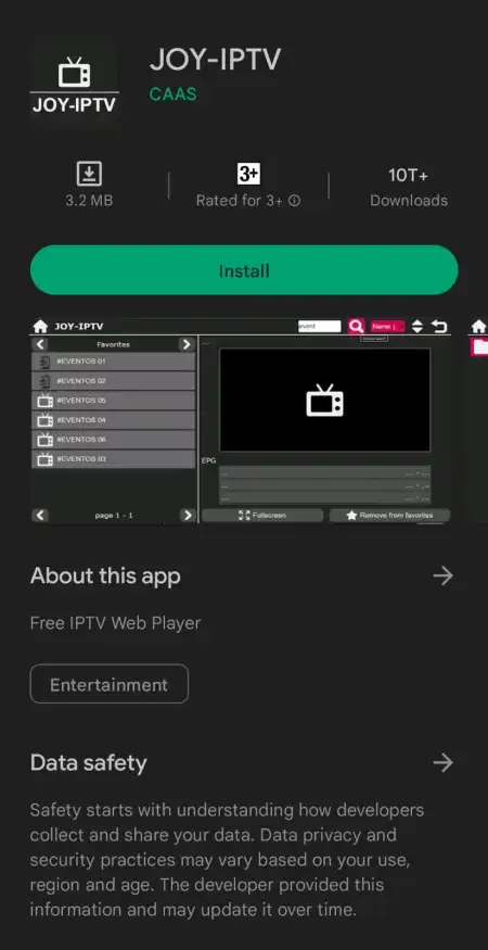 Tap Install to get Joy IPTV Player on Android