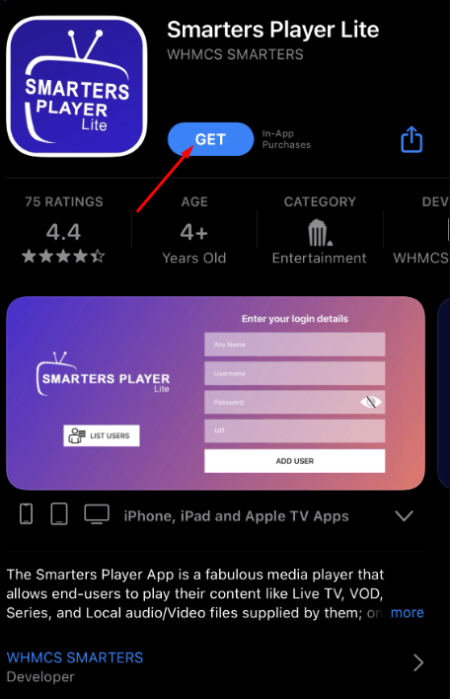 Tap the GET button to install IPTV Smarters