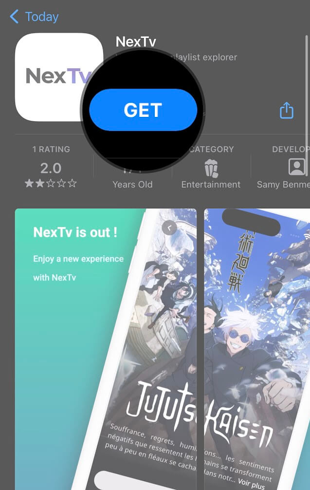 Tap get and install NexTv Player on iPhone/iPad