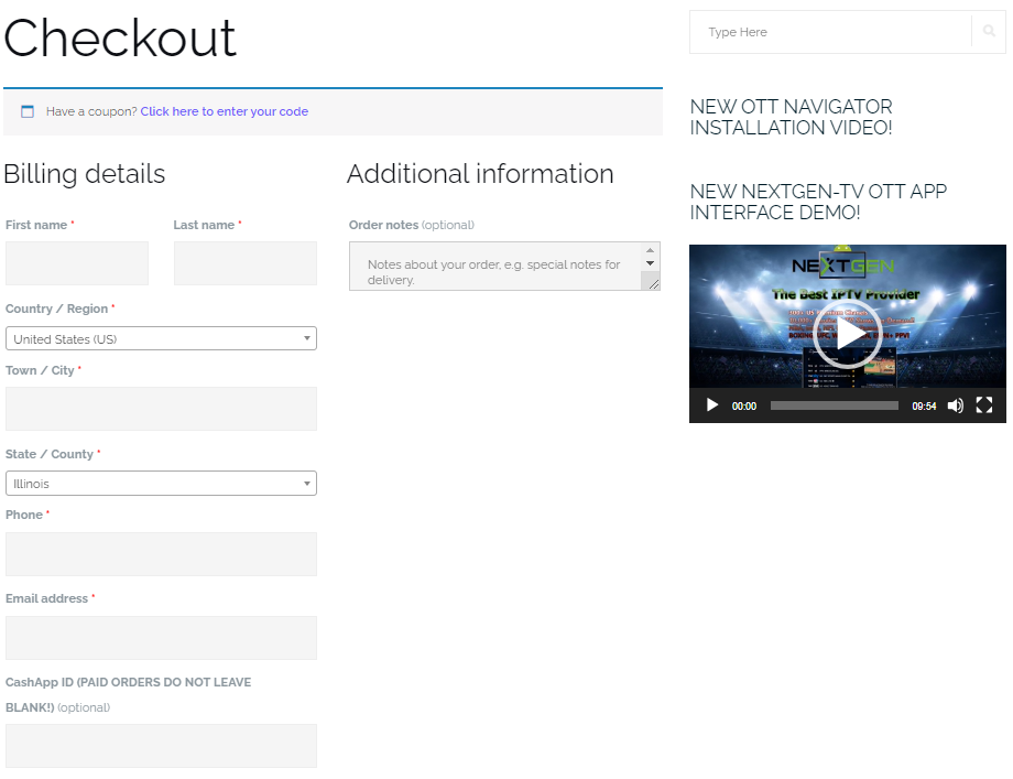 Checkout page of Nexgen IPTV