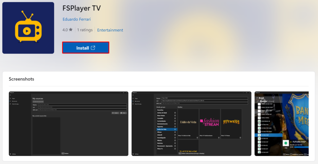 Click Get to install FSPlayer TV on Windows PC