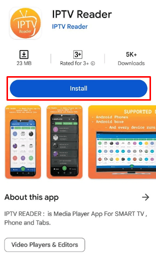 Tap Install to get IPTV Reader on Android