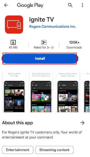 Click Install to get the Ignite TV app