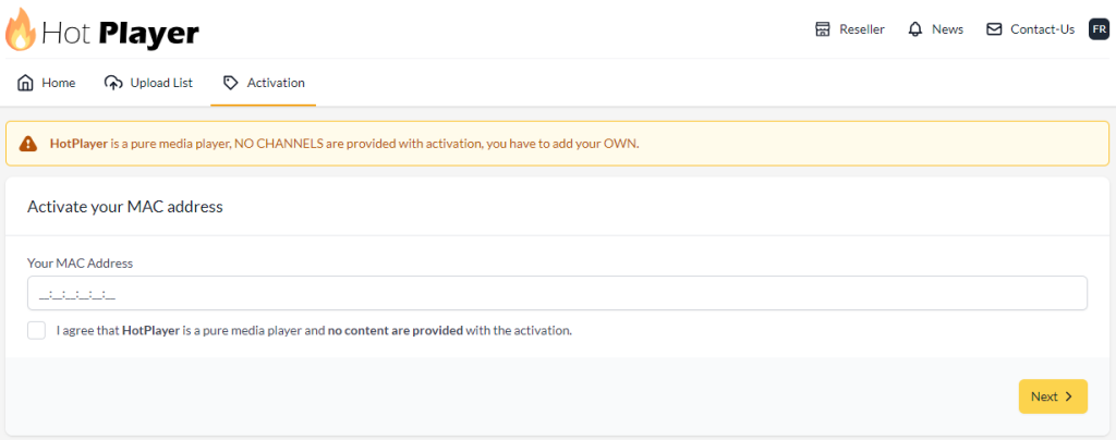 Activation page of Hot IPTV