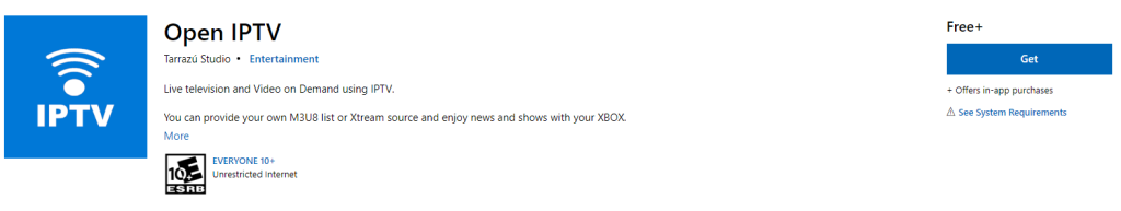 Click Get to install Open IPTV on Xbox device