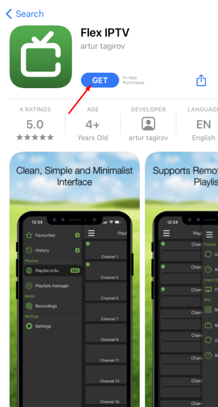 Tap the GET button to install Flex IPTV Player