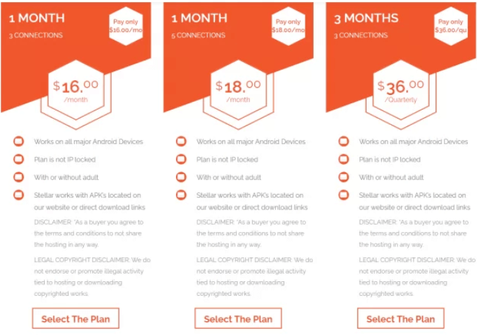 Subscription page of Stellar Streamz IPTV