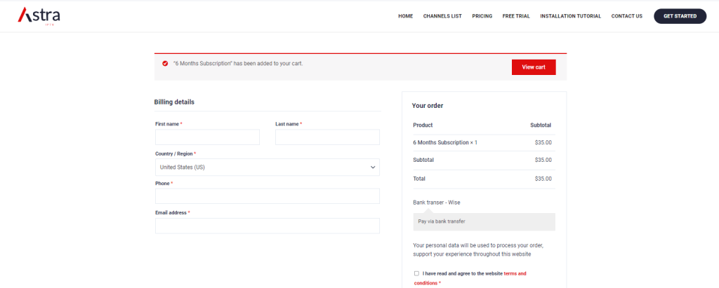 Astra IPTV payment section