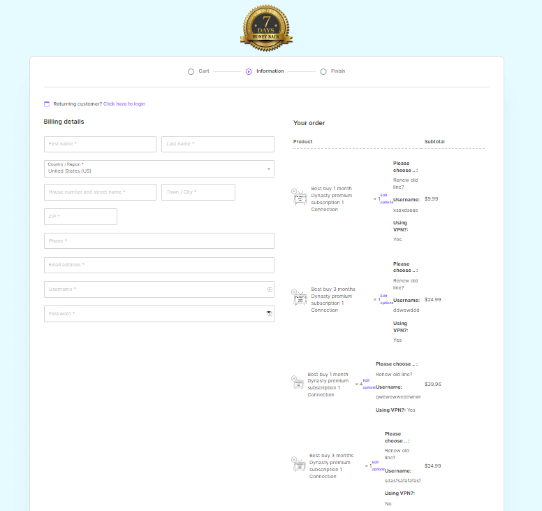 Billing section of Dynasty IPTV