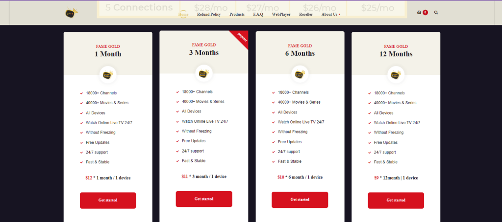 Fame IPTV Subscription plans