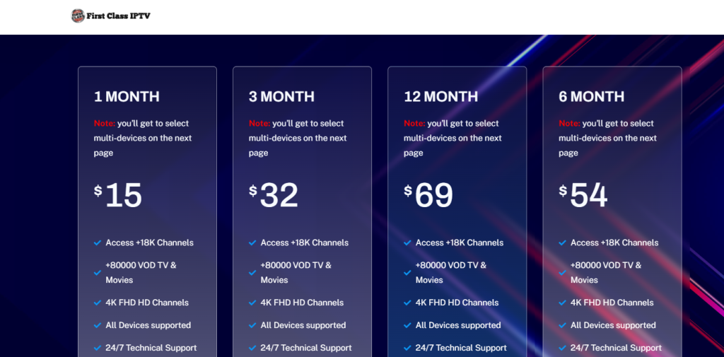First Class IPTV subscription plans