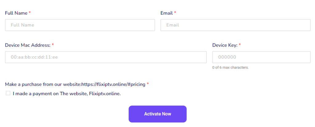 Activation page of Flix IPTV