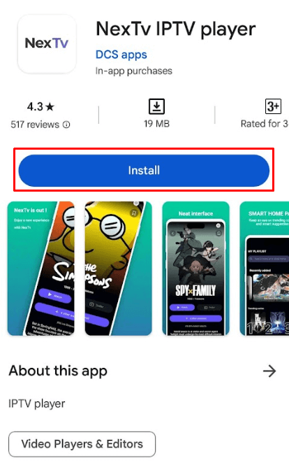 Click install to get NexTv IPTV player on Android Smartphone