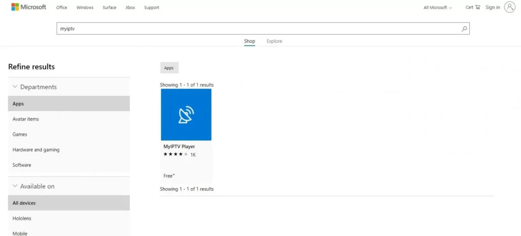 Search for MyIPTV Player app on Microsoft Store