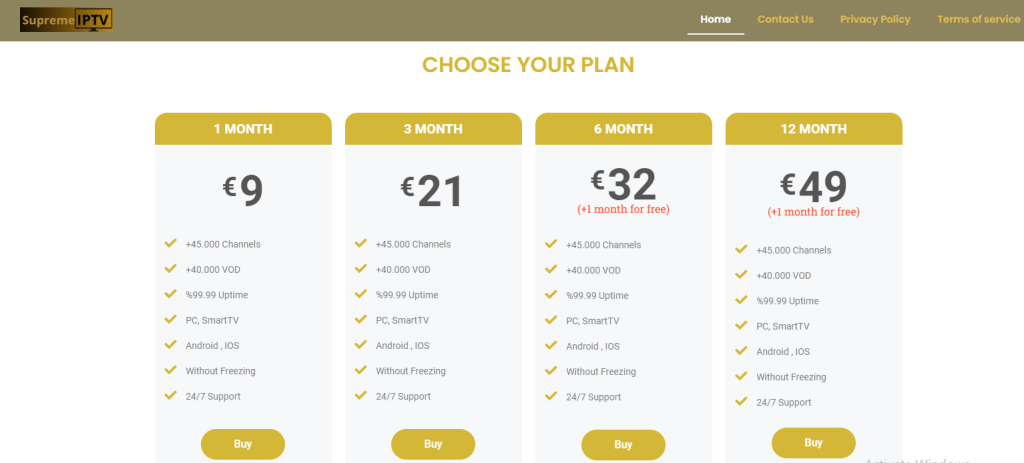 Supreme TV IPTV subscription plans