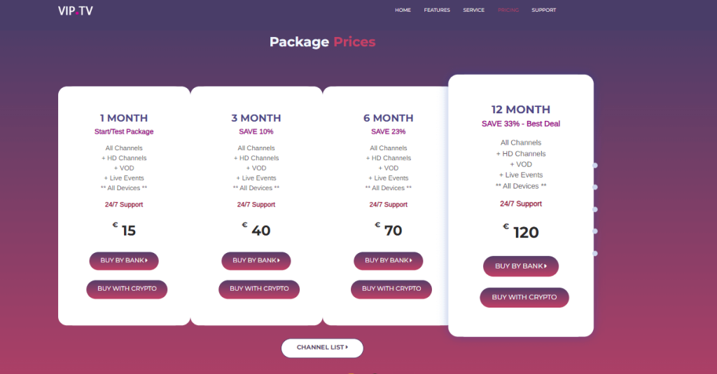 VIP IPTV Subscription plans