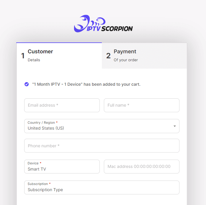 Scorpion IPTV payment page