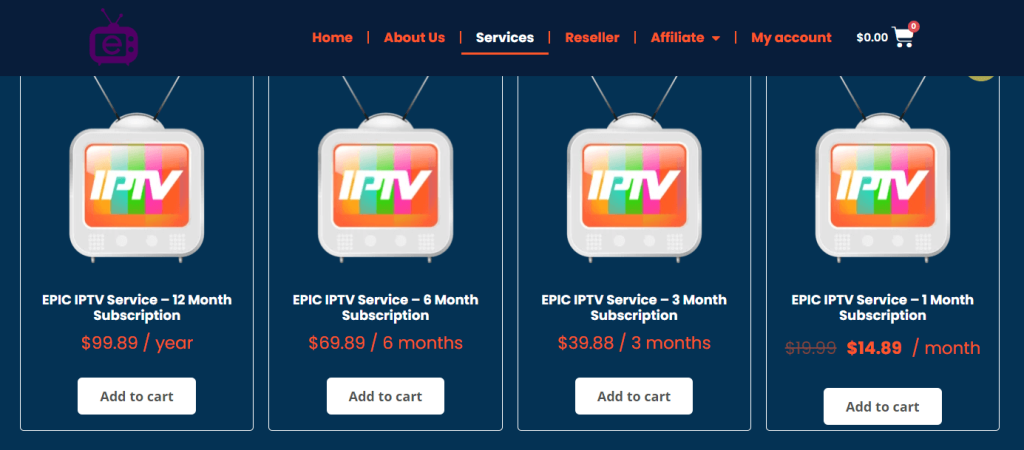 Epic IPTV subscription page