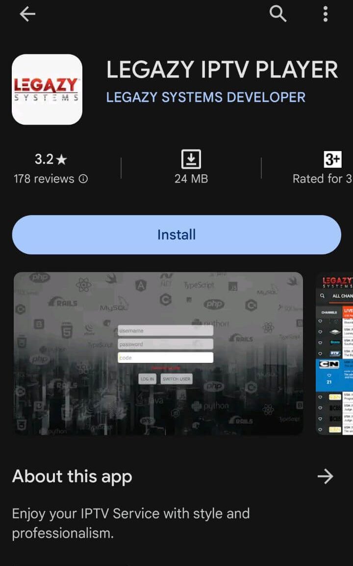 Install Legazy IPTV Player app
